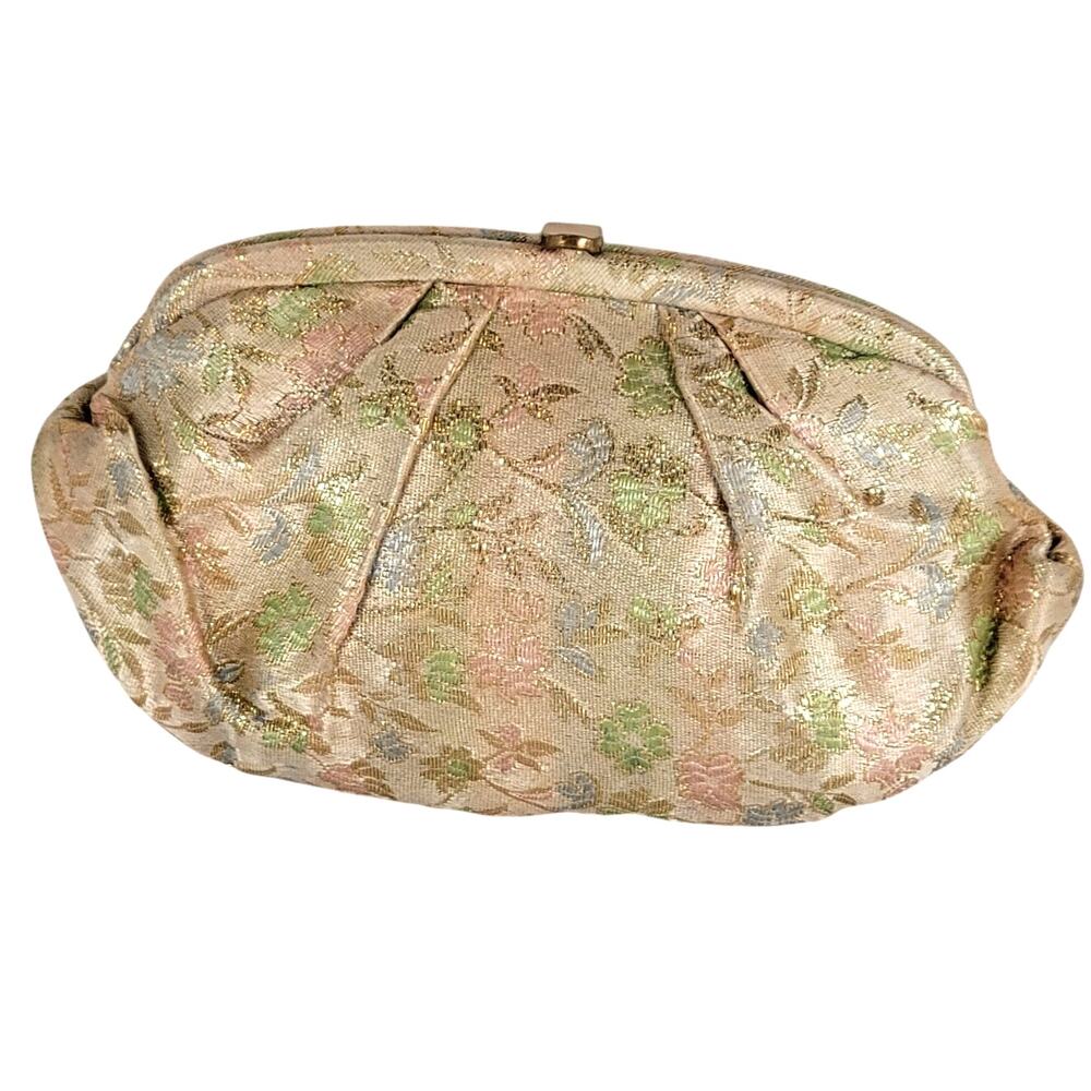 Vintage Brocade Clutch Purse Metallic Gold Pastel Floral Evening Handbag Satin